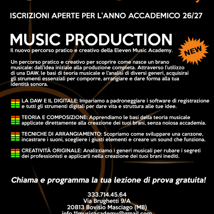 Volantino Corso Music Production Eleven Music Academy Bovisio Masciago