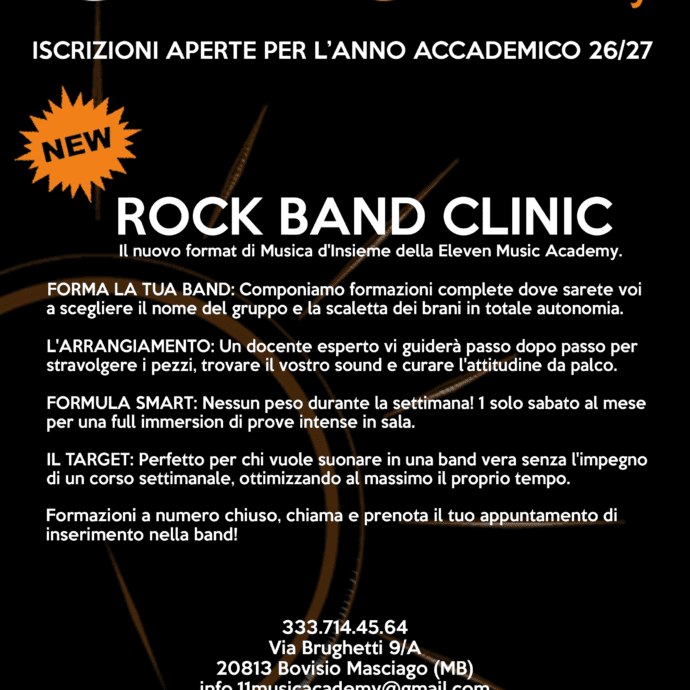 Volantino Rock Band Clinic Musica d'Insieme Eleven Music Academy Bovisio Masciago