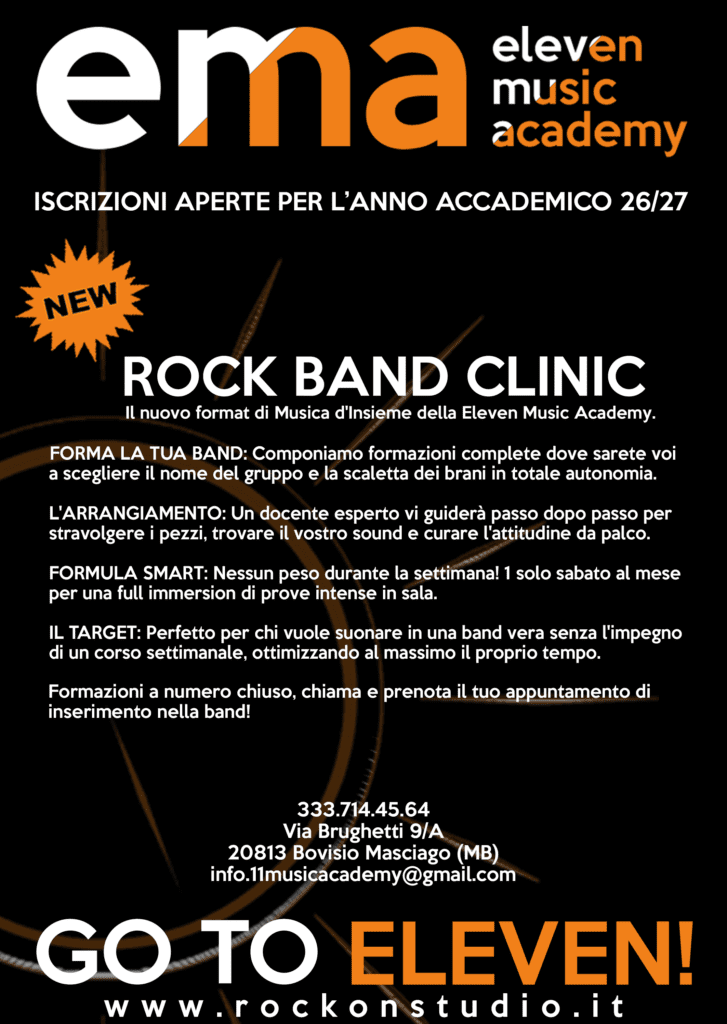 Volantino Rock Band Clinic Musica d'Insieme Eleven Music Academy Bovisio Masciago